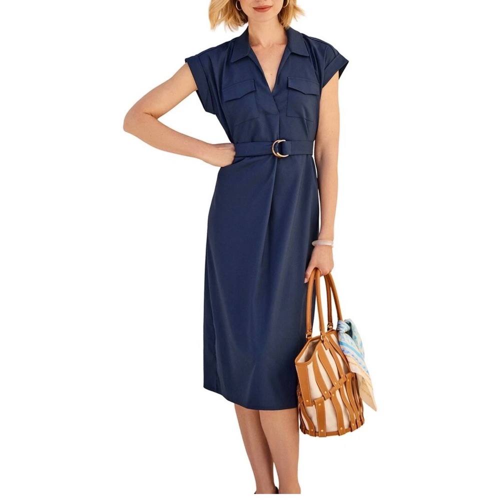 J.McLaughlin Eugenia Belted Midi Shirt Dress Preppy Chic Womens XL Navy Blue